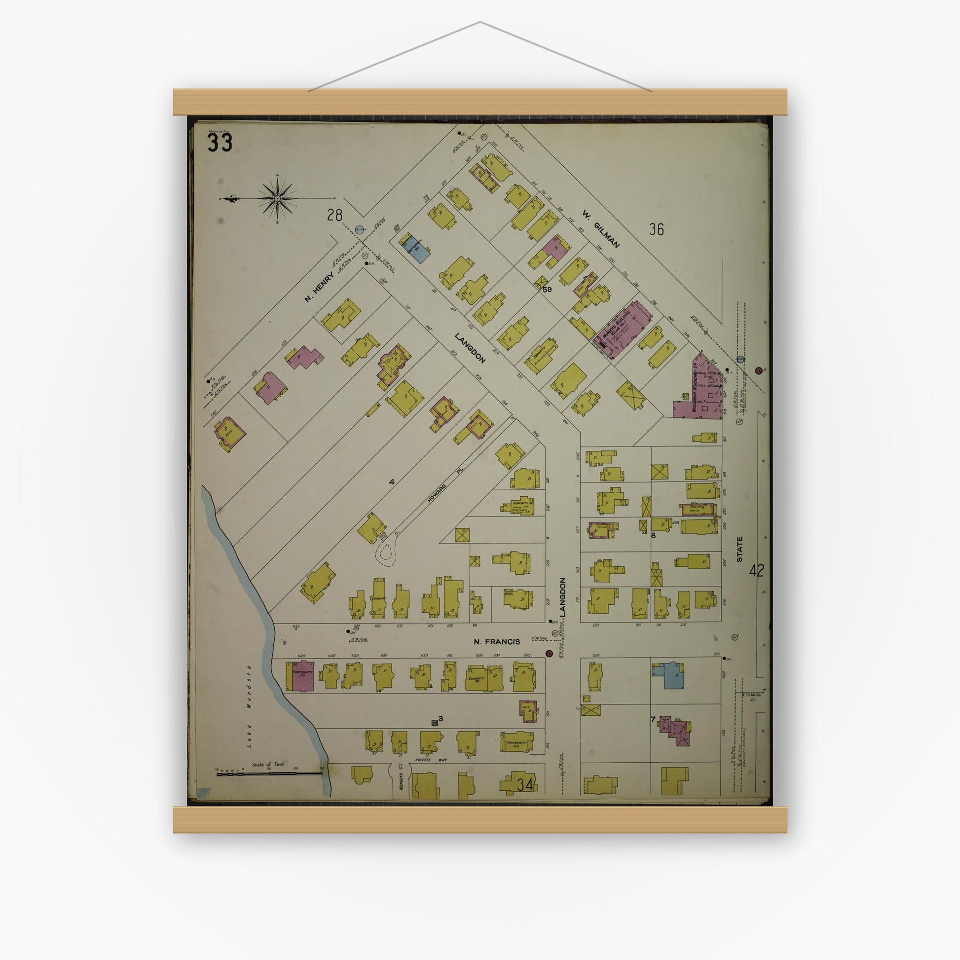 Old map wall art mockup — magnetic wood frame on white wall — Sanborn Fire Insurance Map from Madison, Dane County, Wisconsin (1908), Sheet #0033