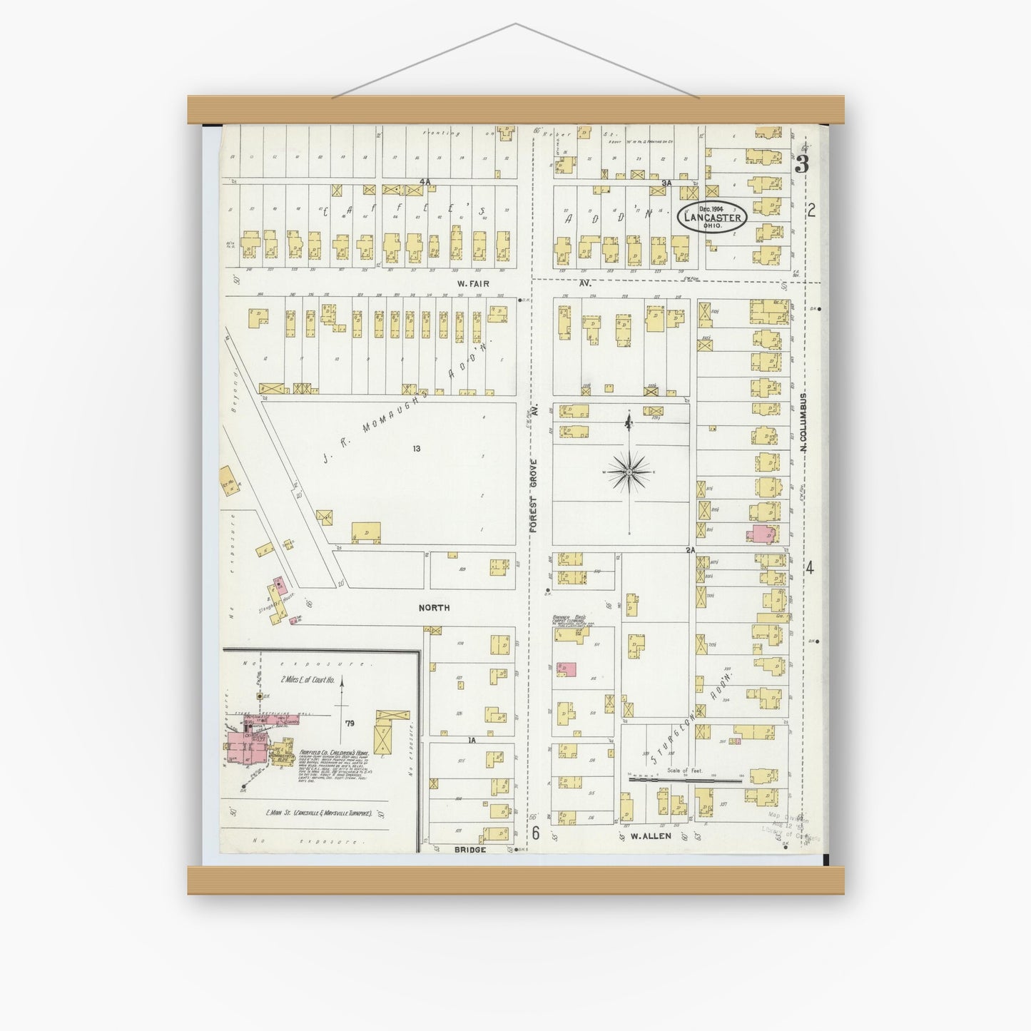 Old map wall art mockup — magnetic wood frame on white wall — Sanborn Fire Insurance Map from Lancaster, Fairfield County, Ohio (1904), Sheet #0003
