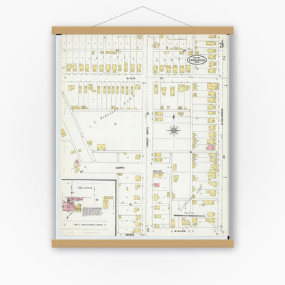 Old map wall art mockup — magnetic wood frame on white wall — Sanborn Fire Insurance Map from Lancaster, Fairfield County, Ohio (1904), Sheet #0003