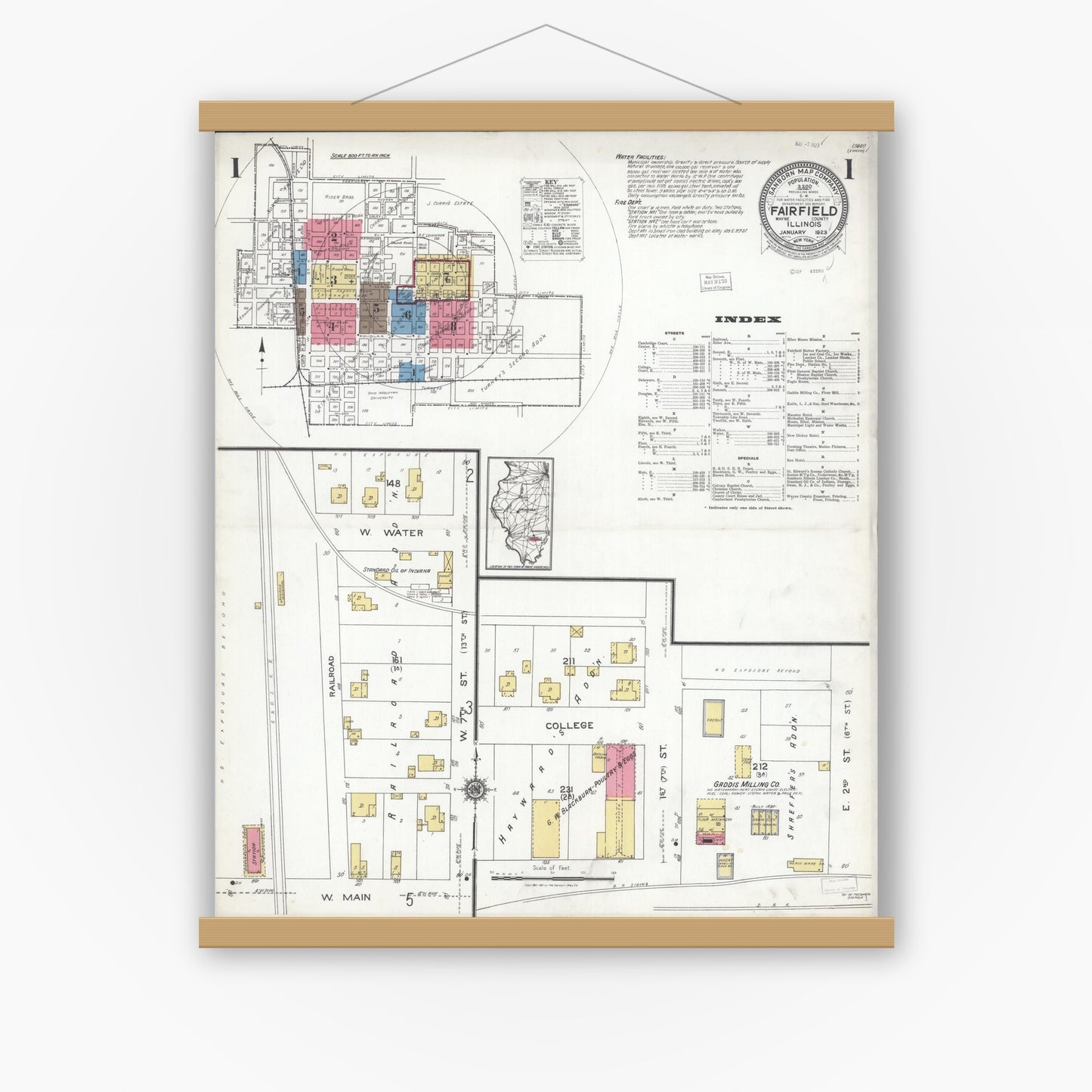 Old map wall art mockup — magnetic wood frame on white wall — Sanborn Fire Insurance Map from Fairfield, Wayne County, Illinois (1923), Sheet #0001