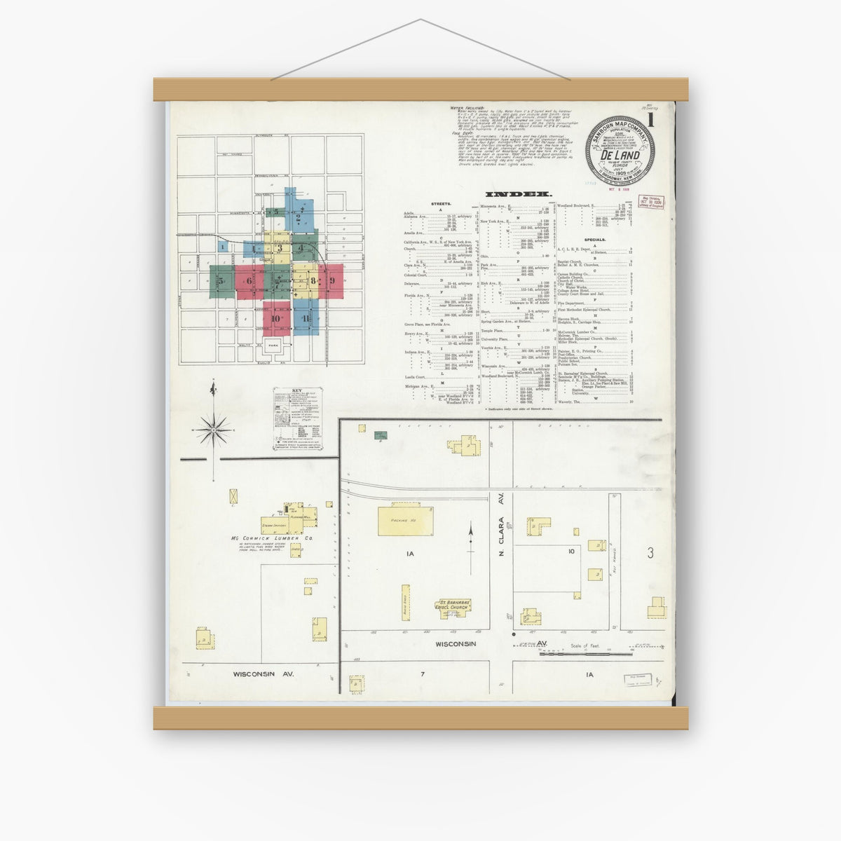 Old map wall art mockup — magnetic wood frame on white wall — Sanborn Fire Insurance Map from De Land, Volusia County, Florida (1909) - Complete Map Set