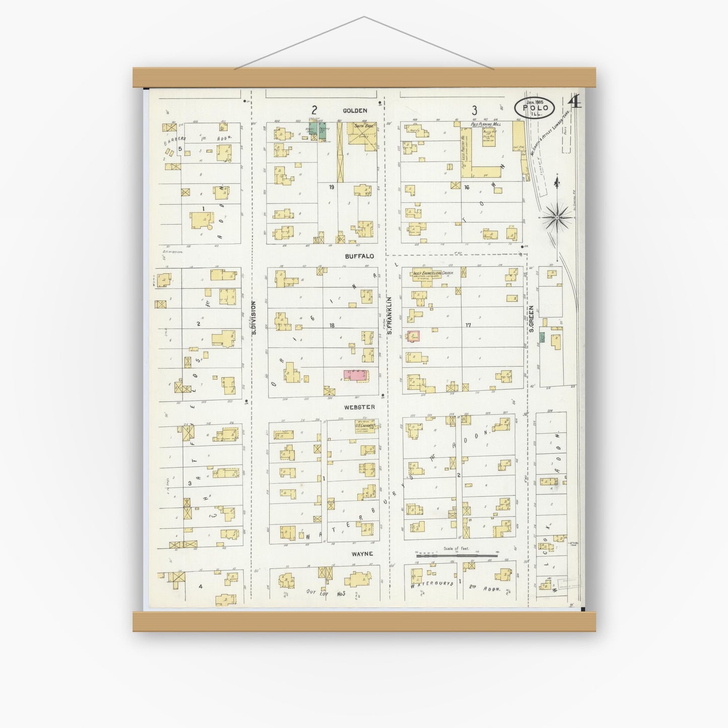 Old map wall art mockup — magnetic wood frame on white wall — Sanborn Fire Insurance Map from Polo, Ogle County, Illinois (1905), Sheet #0004