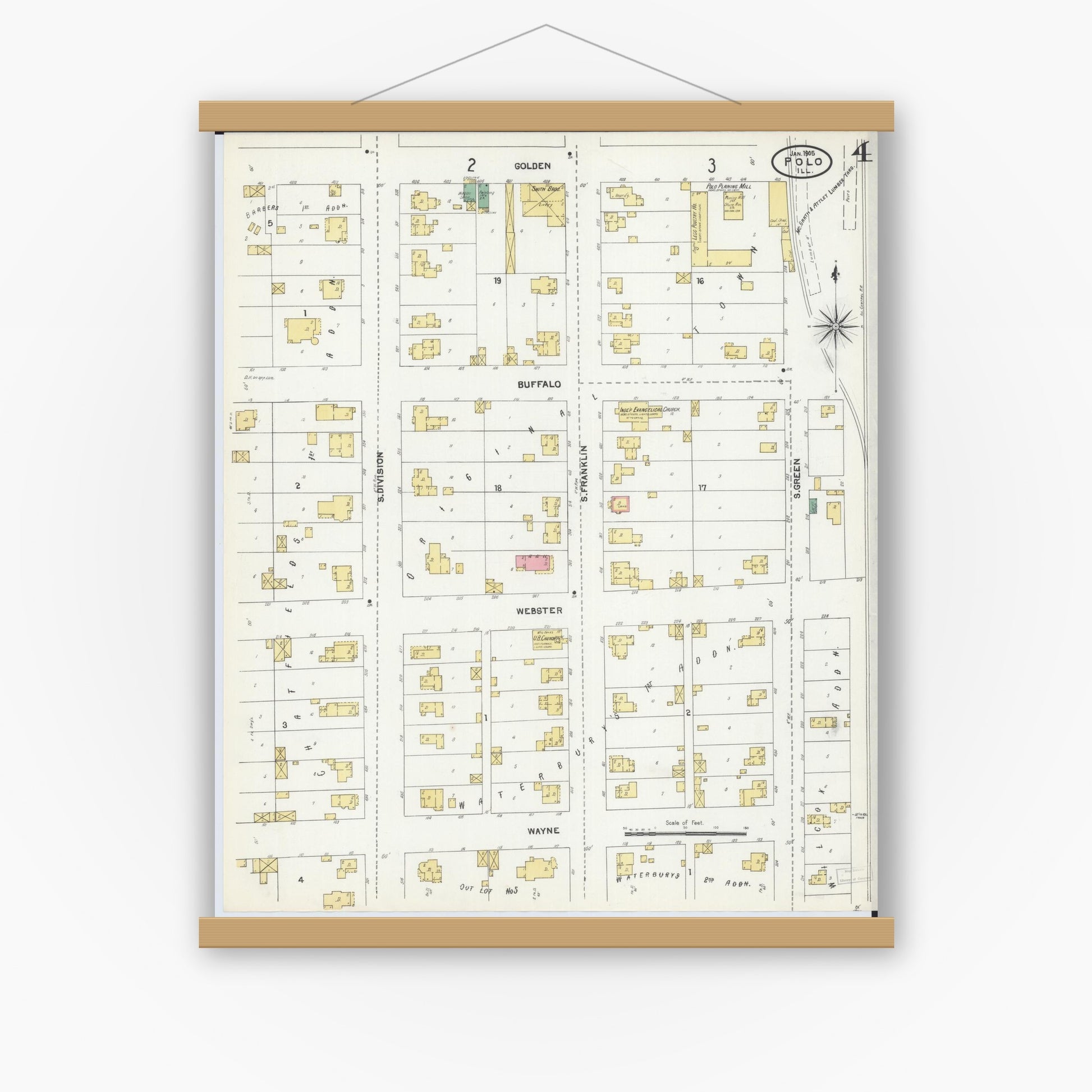 Old map wall art mockup — magnetic wood frame on white wall — Sanborn Fire Insurance Map from Polo, Ogle County, Illinois (1905), Sheet #0004
