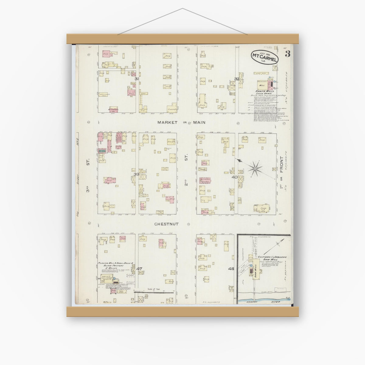 Old map wall art mockup — magnetic wood frame on white wall — Sanborn Fire Insurance Map from Mount Carmel, Wabash County, Illinois (1886), Sheet #0003