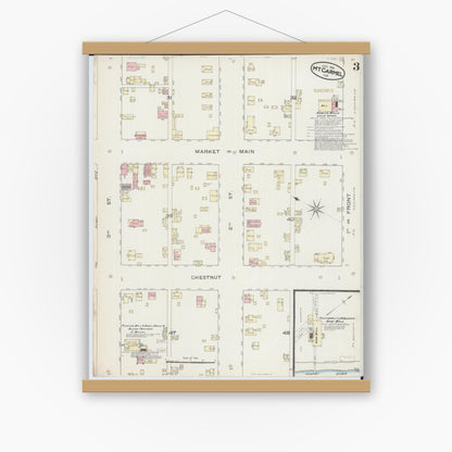 Old map wall art mockup — magnetic wood frame on white wall — Sanborn Fire Insurance Map from Mount Carmel, Wabash County, Illinois (1886), Sheet #0003