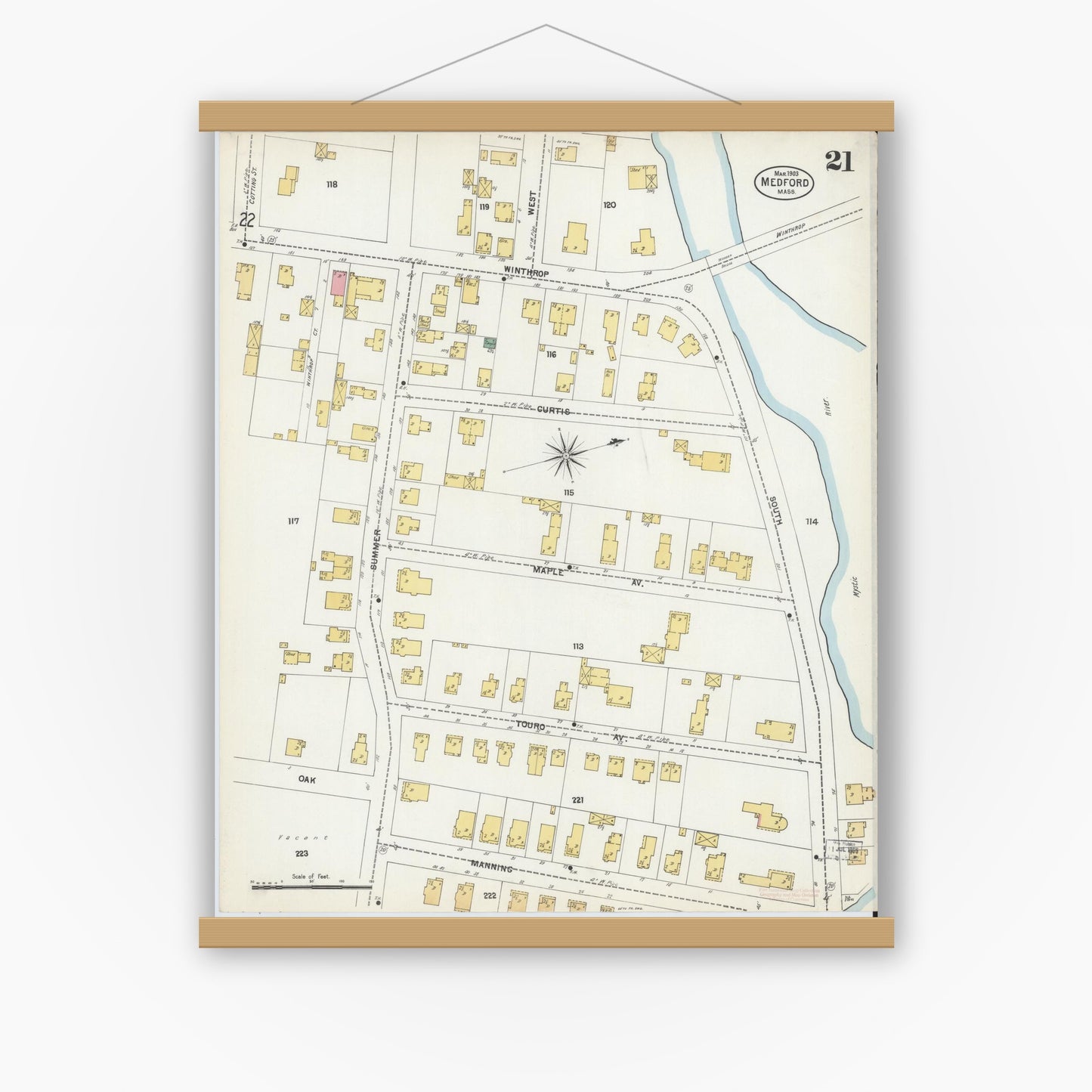 Old map wall art mockup — magnetic wood frame on white wall — Sanborn Fire Insurance Map from Medford, Middlesex County, Massachusetts (1903), Sheet #0021