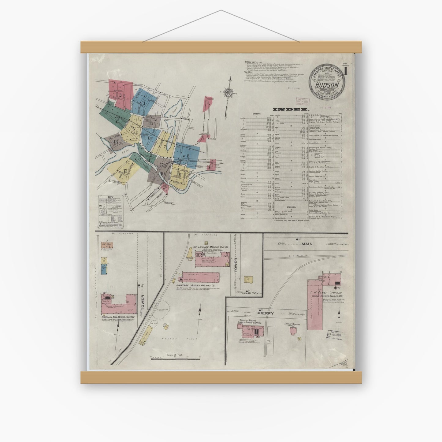 Old map wall art mockup — magnetic wood frame on white wall — Sanborn Fire Insurance Map from Hudson, Middlesex County, Massachusetts (1909) - Complete Map Set