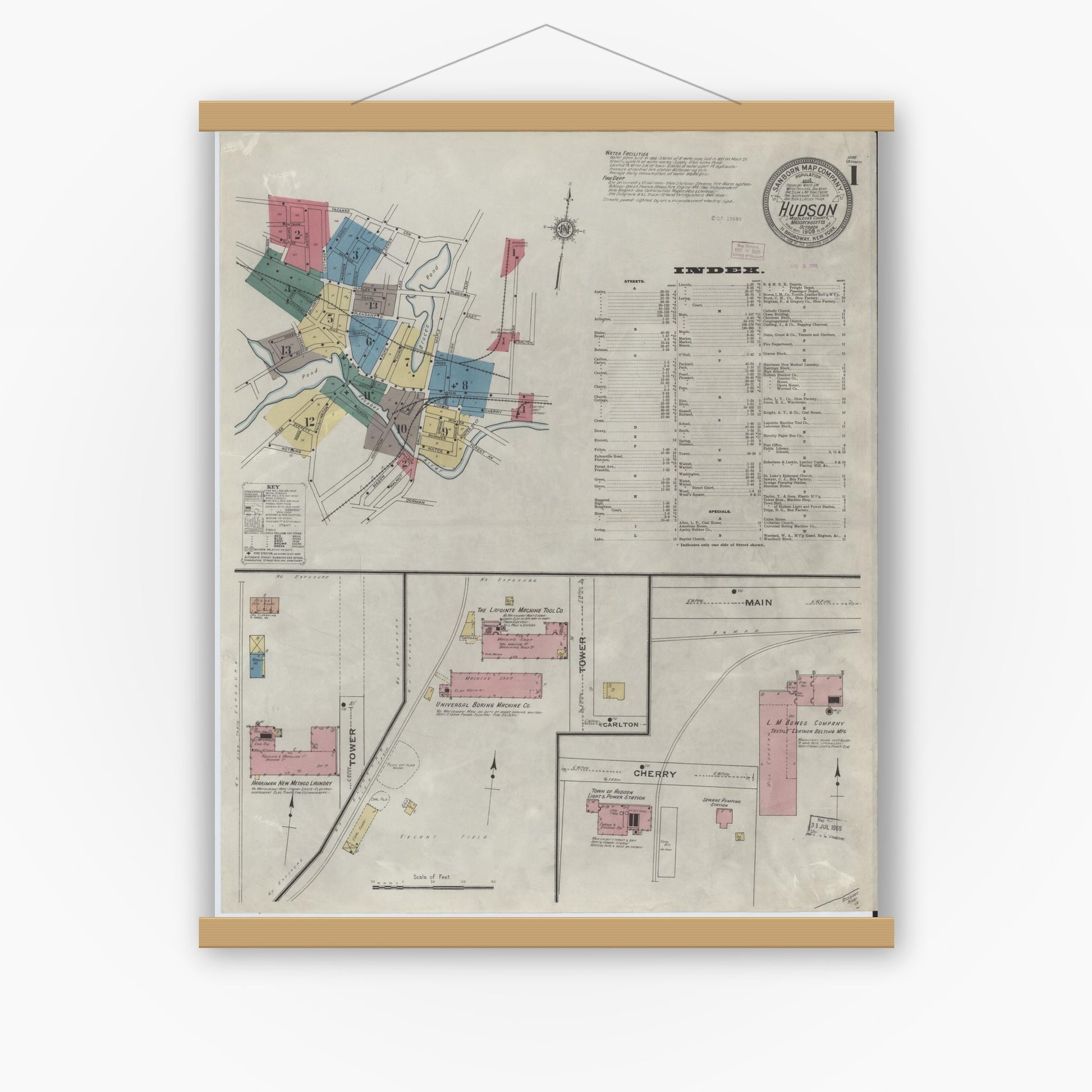 Old map wall art mockup — magnetic wood frame on white wall — Sanborn Fire Insurance Map from Hudson, Middlesex County, Massachusetts (1909) - Complete Map Set