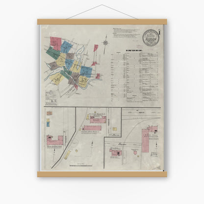 Old map wall art mockup — magnetic wood frame on white wall — Sanborn Fire Insurance Map from Hudson, Middlesex County, Massachusetts (1909) - Complete Map Set