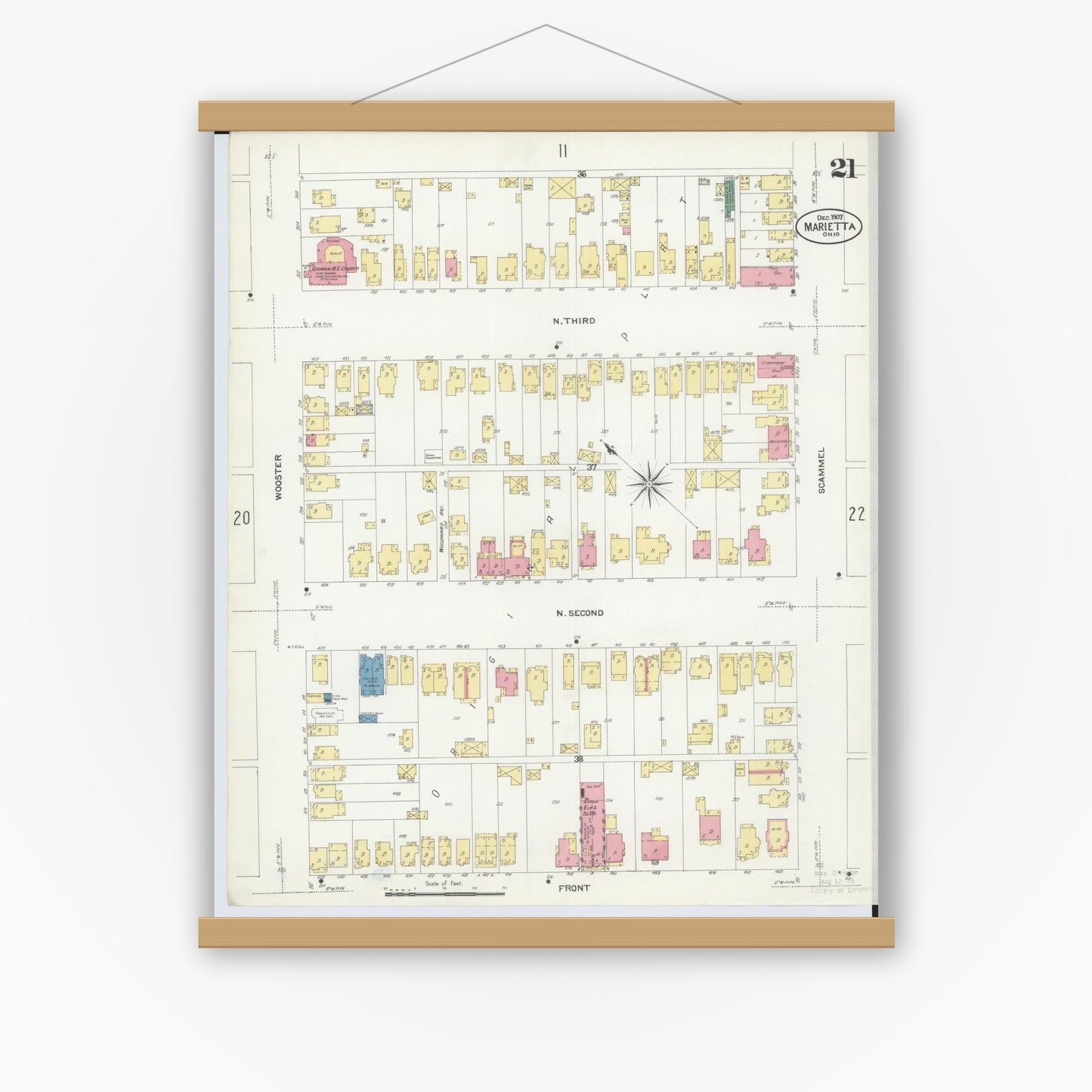 Old map wall art mockup — magnetic wood frame on white wall — Sanborn Fire Insurance Map from Marietta, Washington County, Ohio (1907), Sheet #0021