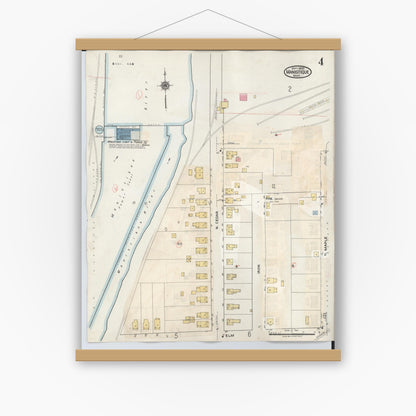 Old map wall art mockup — magnetic wood frame on white wall — Sanborn Fire Insurance Map from Manistique, Schoolcraft County, Michigan (1950), Sheet #0004
