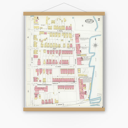 Old map wall art mockup — magnetic wood frame on white wall — Sanborn Fire Insurance Map from Burlington, Burlington County, New Jersey (1908), Sheet #0001