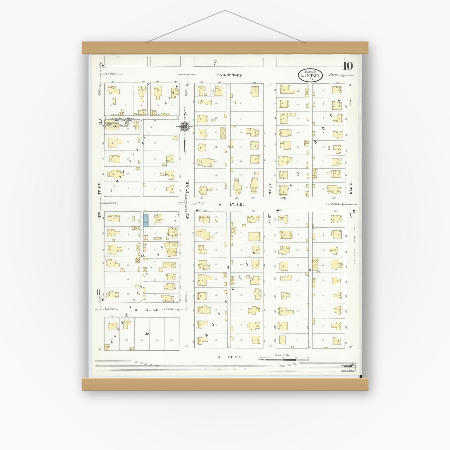 Old map wall art mockup — magnetic wood frame on white wall — Sanborn Fire Insurance Map from Linton, Greene County, Indiana (1910), Sheet #0010