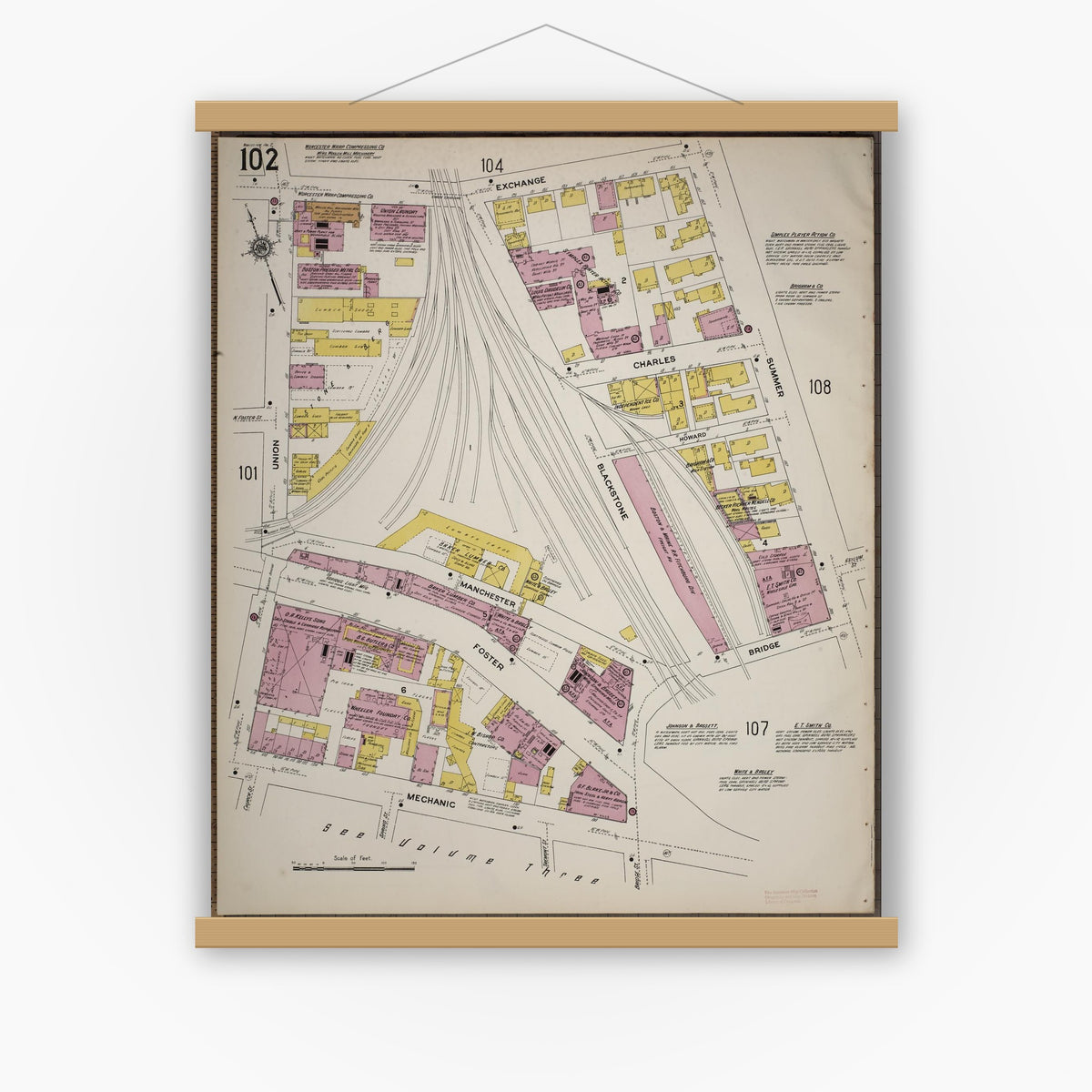 Old map wall art mockup — magnetic wood frame on white wall — Sanborn Fire Insurance Map from Worcester, Worcester County, Massachusetts (1910), Sheet #0102