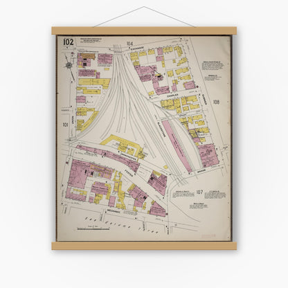 Old map wall art mockup — magnetic wood frame on white wall — Sanborn Fire Insurance Map from Worcester, Worcester County, Massachusetts (1910), Sheet #0102