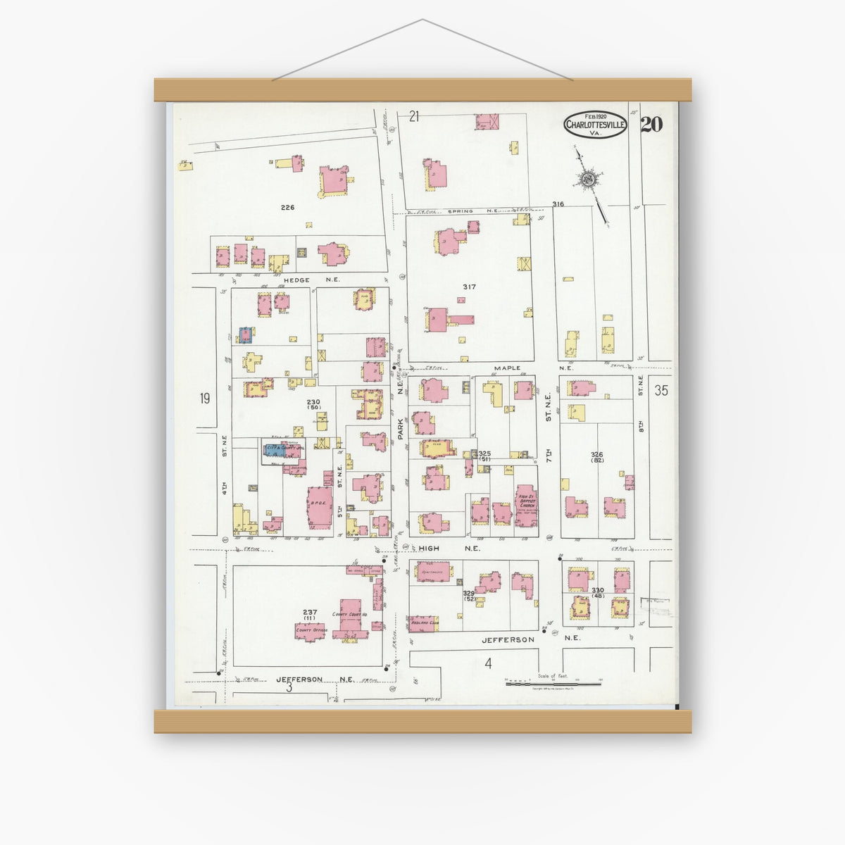Old map wall art mockup — magnetic wood frame on white wall — Sanborn Fire Insurance Map from Charlottesville, Independent Cities, Virginia (1920), Sheet #0020