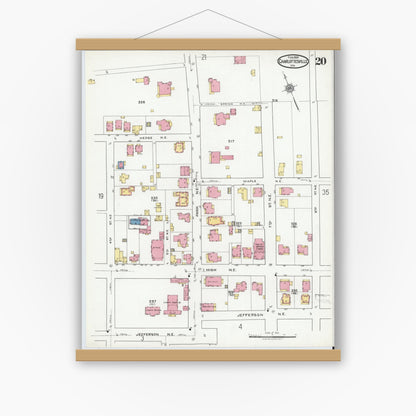 Old map wall art mockup — magnetic wood frame on white wall — Sanborn Fire Insurance Map from Charlottesville, Independent Cities, Virginia (1920), Sheet #0020