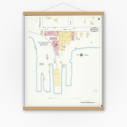 Old map wall art mockup — magnetic wood frame on white wall — Sanborn Fire Insurance Map from Whitehall, Muskegon County, Michigan (1910), Sheet #0009
