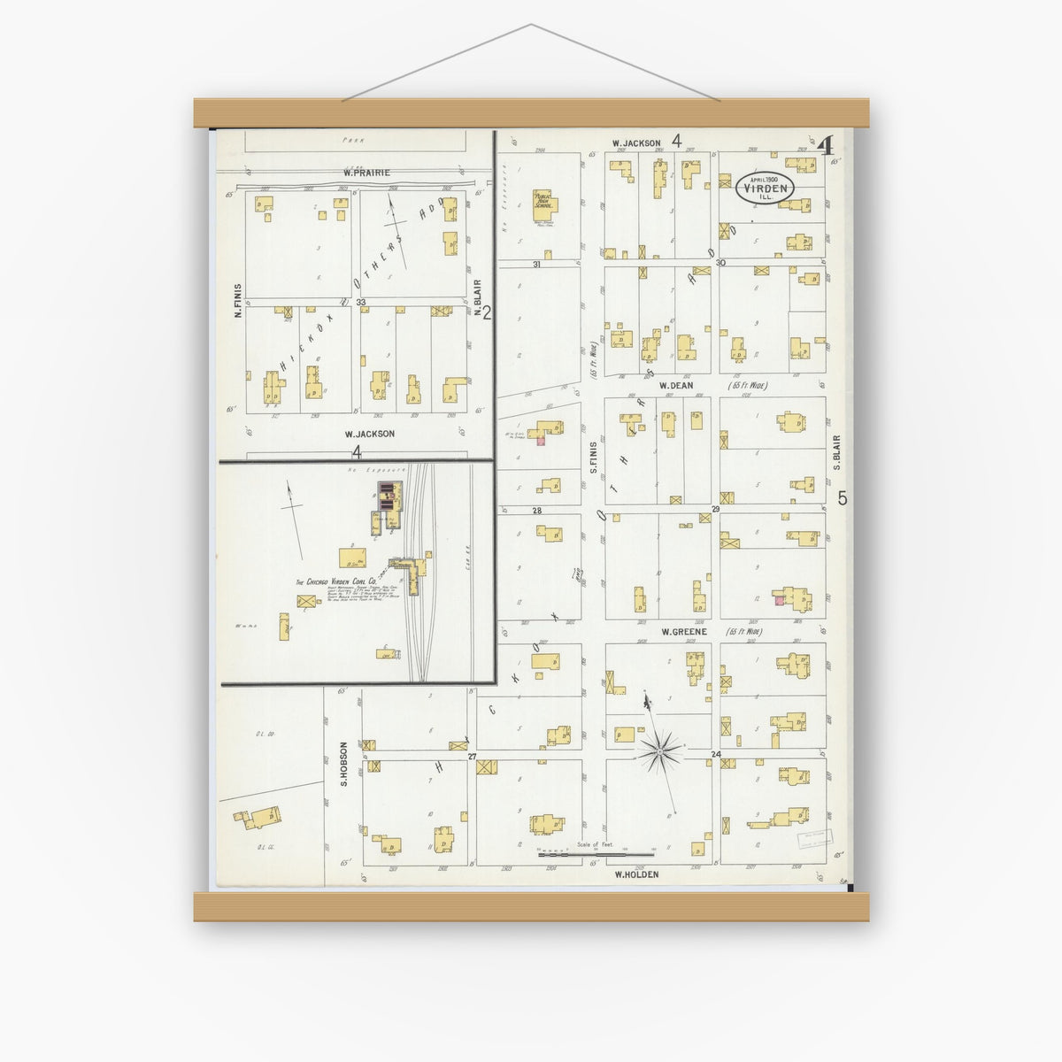 Old map wall art mockup — magnetic wood frame on white wall — Sanborn Fire Insurance Map from Virden, Macoupin County, Illinois (1900), Sheet #0004