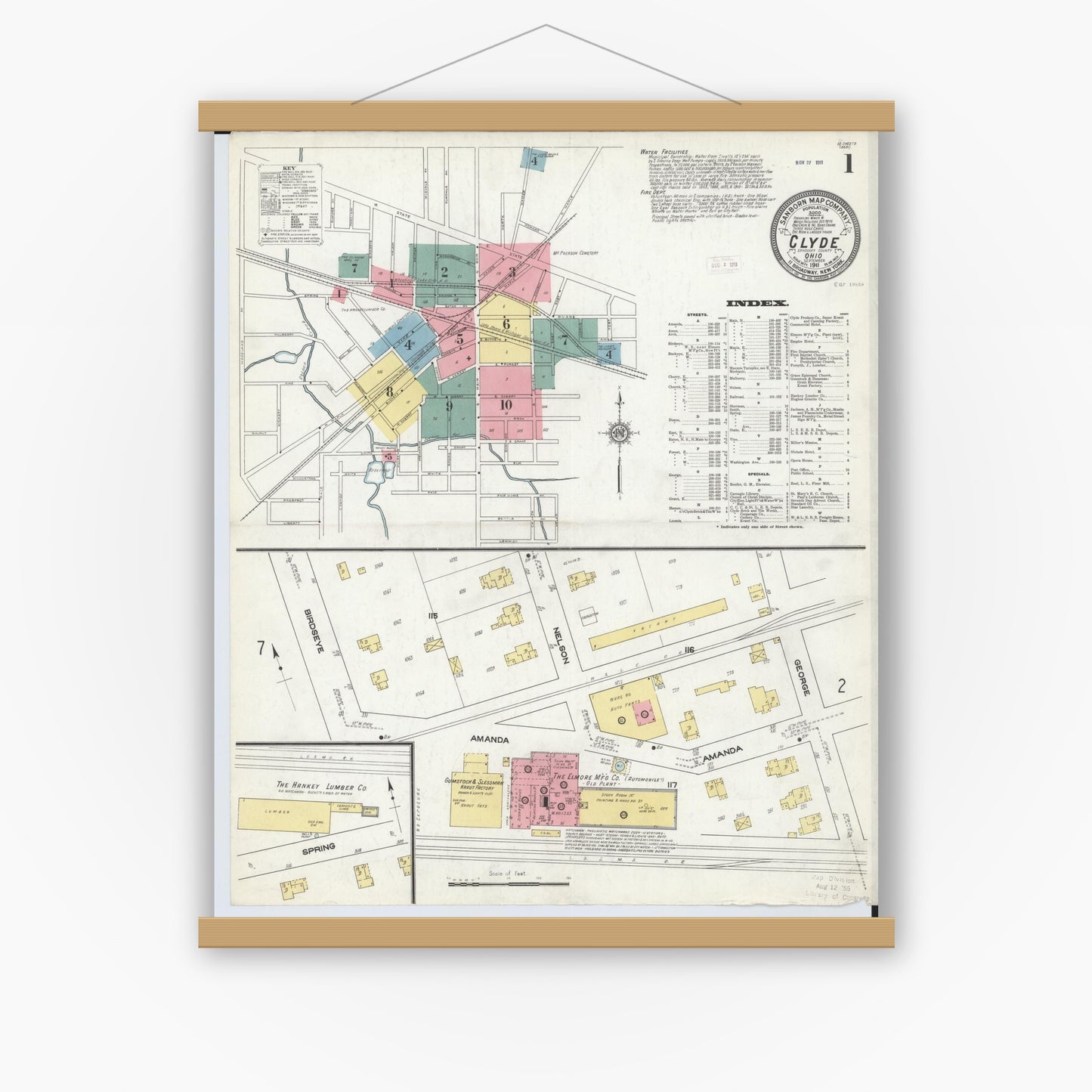 Old map wall art mockup — magnetic wood frame on white wall — Sanborn Fire Insurance Map from Clyde, Sandusky County, Ohio (1911) - Complete Map Set