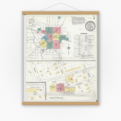 Old map wall art mockup — magnetic wood frame on white wall — Sanborn Fire Insurance Map from Clyde, Sandusky County, Ohio (1911) - Complete Map Set