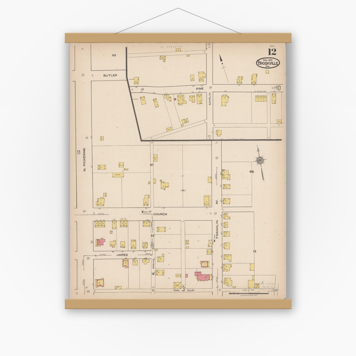 Old map wall art mockup — magnetic wood frame on white wall — Sanborn Fire Insurance Map from Brookville, Jefferson County, Pennsylvania (1921), Sheet #0012