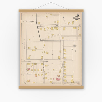 Old map wall art mockup — magnetic wood frame on white wall — Sanborn Fire Insurance Map from Brookville, Jefferson County, Pennsylvania (1921), Sheet #0012
