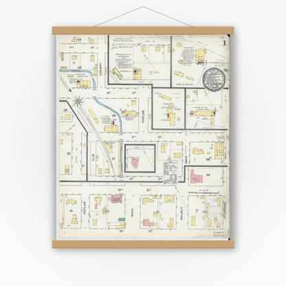 Old map wall art mockup — magnetic wood frame on white wall — Sanborn Fire Insurance Map from Petersburg, Pike County, Indiana (1892), Sheet #0001