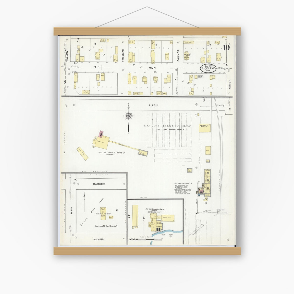 Old map wall art mockup — magnetic wood frame on white wall — Sanborn Fire Insurance Map from Rice Lake, Barron County, Wisconsin (1909), Sheet #0010