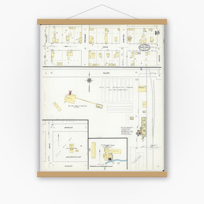 Old map wall art mockup — magnetic wood frame on white wall — Sanborn Fire Insurance Map from Rice Lake, Barron County, Wisconsin (1909), Sheet #0010
