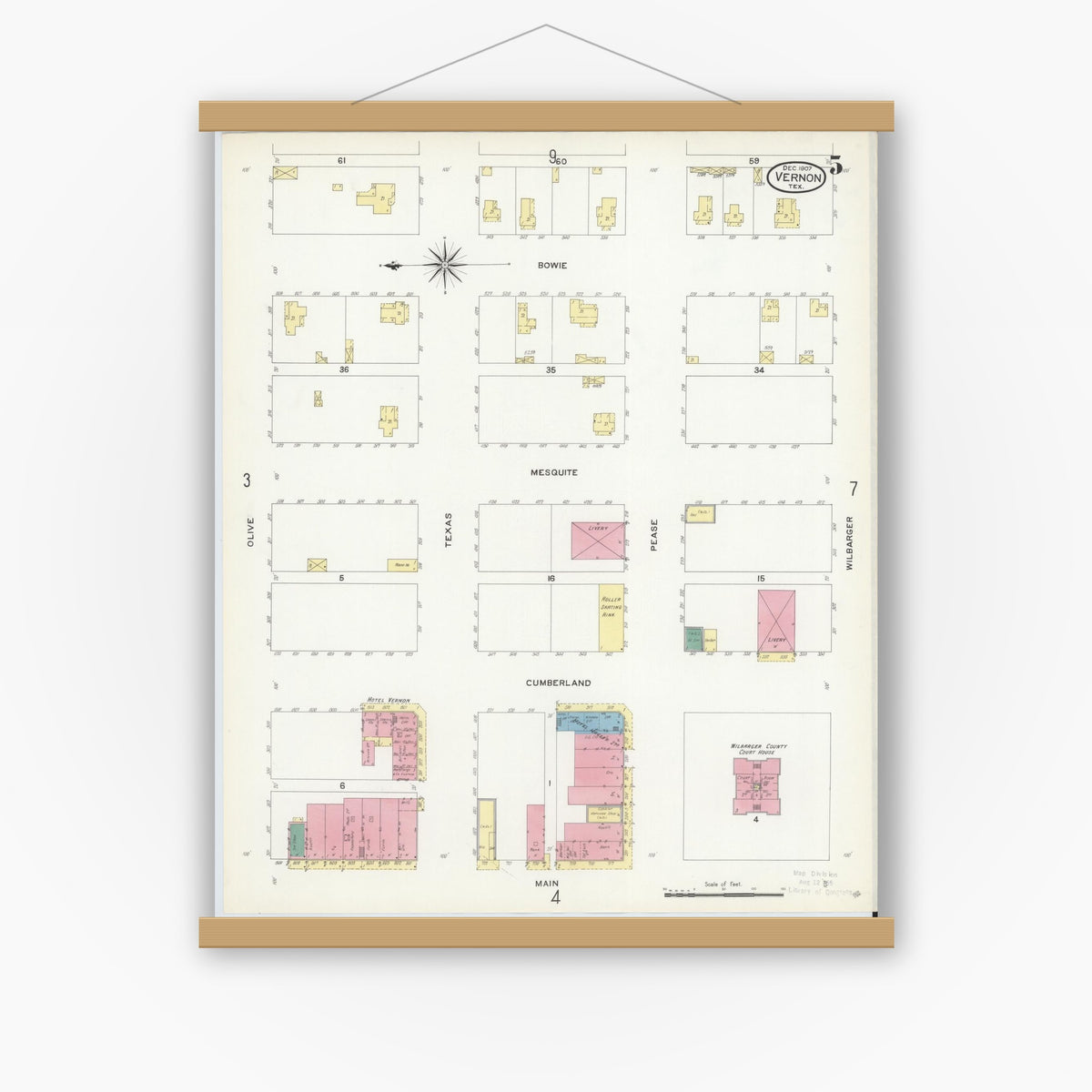Old map wall art mockup — magnetic wood frame on white wall — Sanborn Fire Insurance Map from Vernon, Wilbarger County, Texas (1907), Sheet #0005