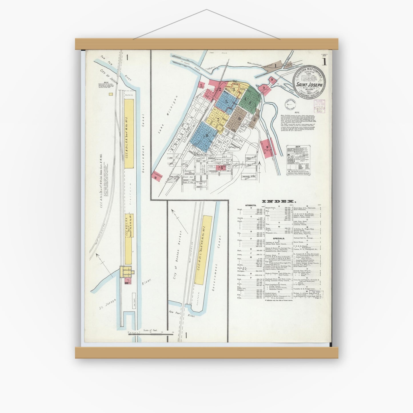 Old map wall art mockup — magnetic wood frame on white wall — Sanborn Fire Insurance Map from Saint Joseph, Berrien County, Michigan (1902) - Complete Map Set
