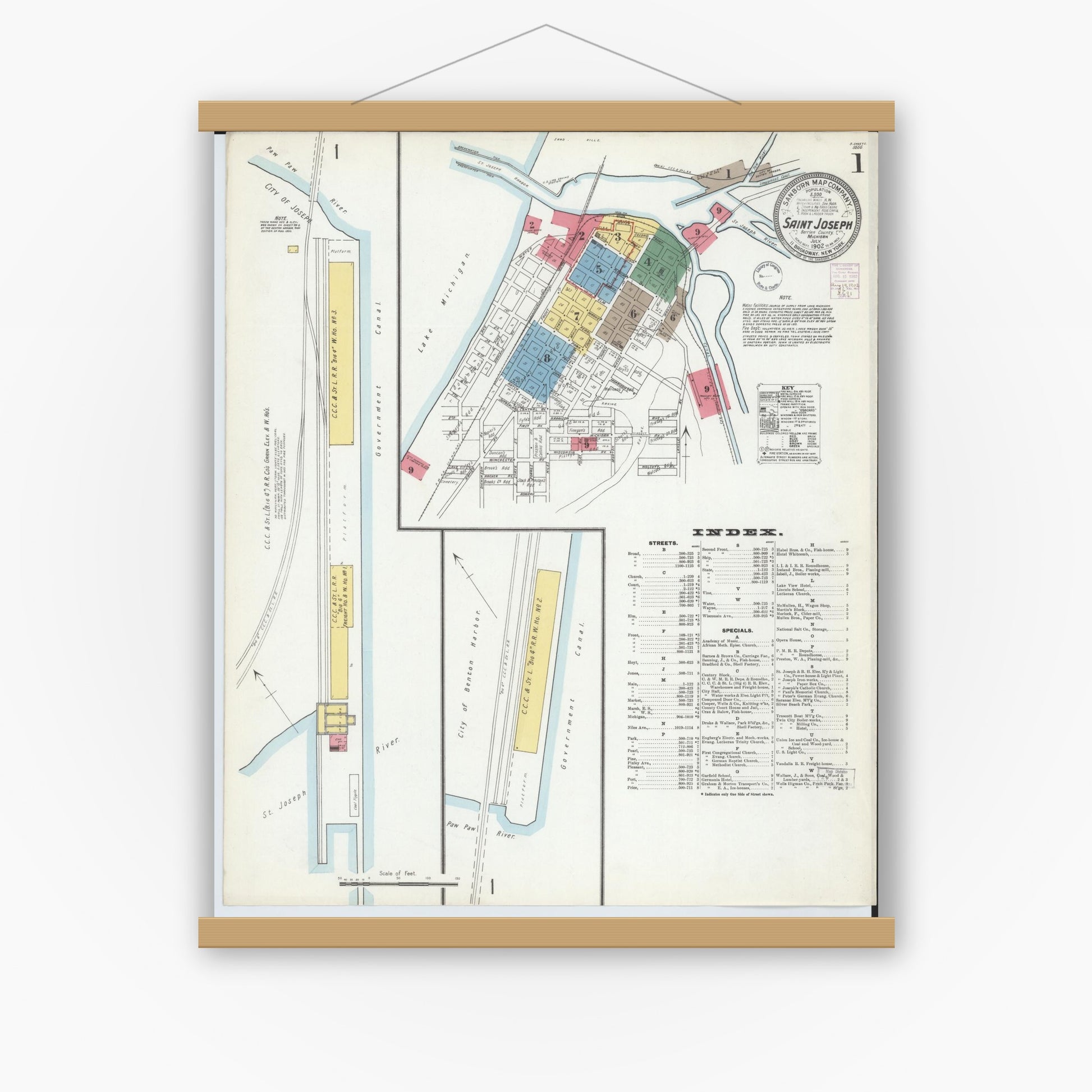 Old map wall art mockup — magnetic wood frame on white wall — Sanborn Fire Insurance Map from Saint Joseph, Berrien County, Michigan (1902) - Complete Map Set