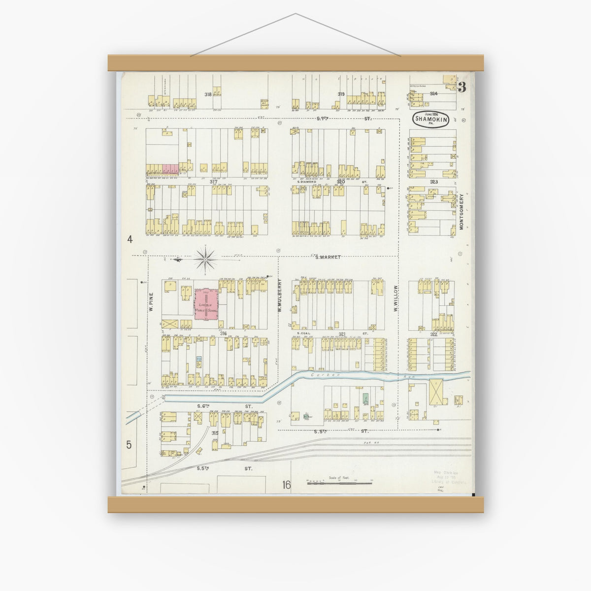 Old map wall art mockup — magnetic wood frame on white wall — Sanborn Fire Insurance Map from Shamokin, Northumberland County, Pennsylvania (1896), Sheet #0003