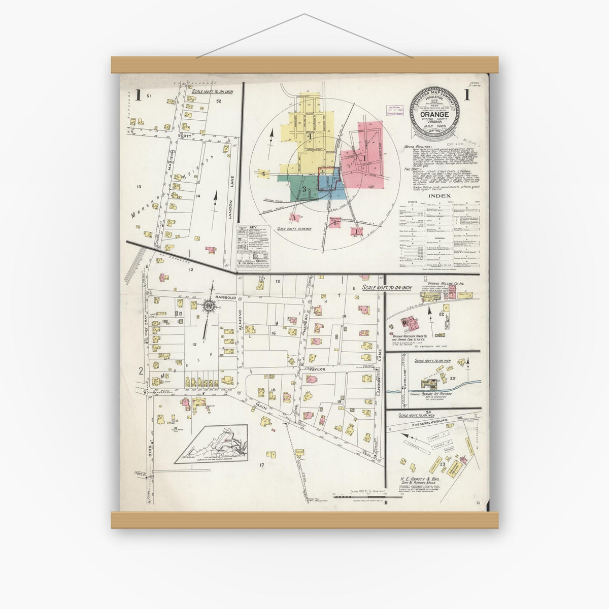 Old map wall art mockup — magnetic wood frame on white wall — Sanborn Fire Insurance Map from Orange, Orange County, Virginia (1925) - Complete Map Set