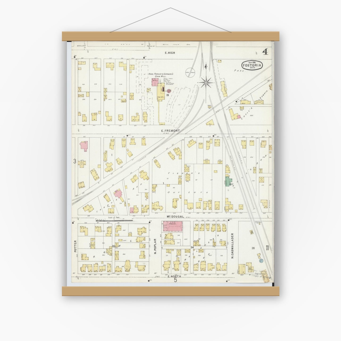 Old map wall art mockup — magnetic wood frame on white wall — Sanborn Fire Insurance Map from Fostoria, Seneca, Hancock, And Wood Counties, Ohio (1896), Sheet #0004