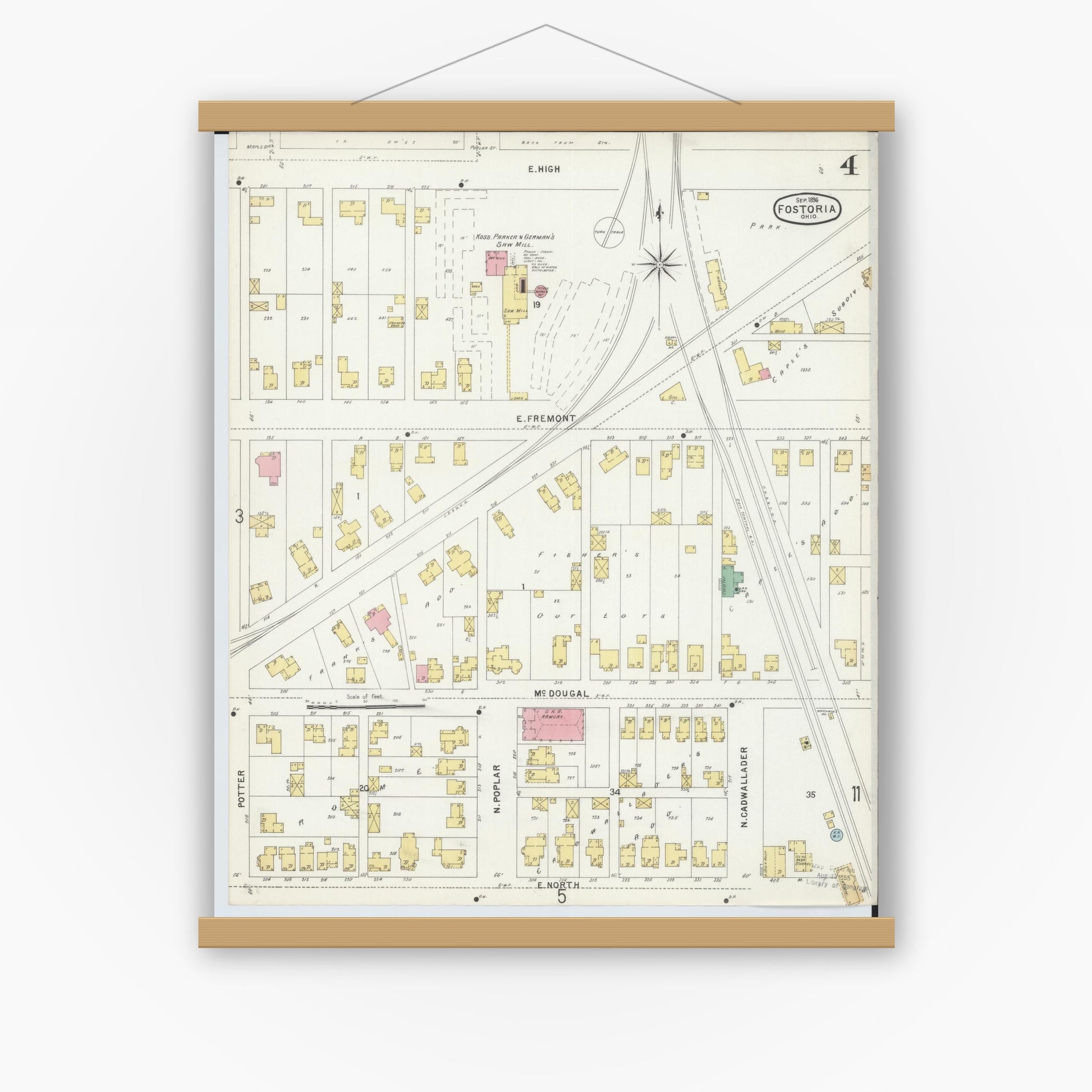 Old map wall art mockup — magnetic wood frame on white wall — Sanborn Fire Insurance Map from Fostoria, Seneca, Hancock, And Wood Counties, Ohio (1896), Sheet #0004