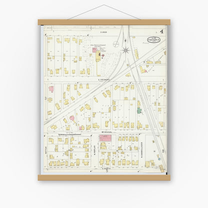 Old map wall art mockup — magnetic wood frame on white wall — Sanborn Fire Insurance Map from Fostoria, Seneca, Hancock, And Wood Counties, Ohio (1896), Sheet #0004