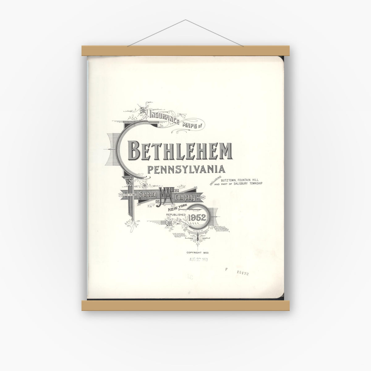 Old map wall art mockup — magnetic wood frame on white wall — Sanborn Fire Insurance Map from Bethlehem, Northampton And Lehigh Counties, Pennsylvania (1952), Sheet #0001