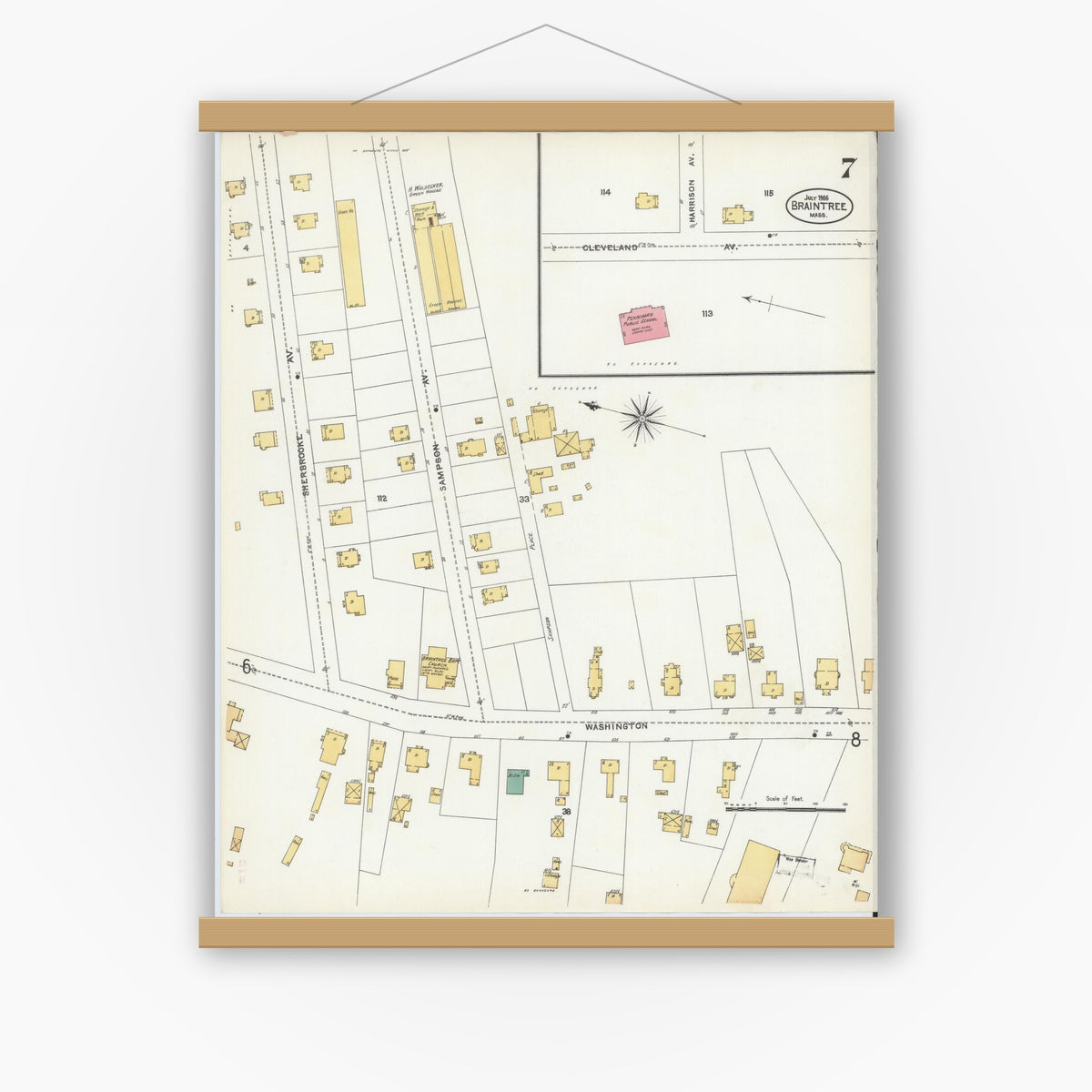 Old map wall art mockup — magnetic wood frame on white wall — Sanborn Fire Insurance Map from Braintree, Norfolk County, Massachusetts (1906), Sheet #0007