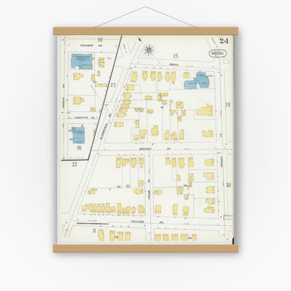 Old map wall art mockup — magnetic wood frame on white wall — Sanborn Fire Insurance Map from Passaic, Passaic County, New Jersey (1903), Sheet #0024