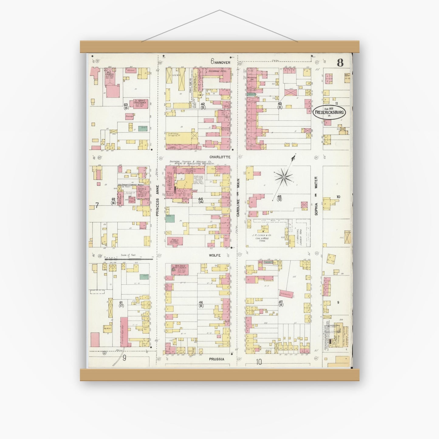 Old map wall art mockup — magnetic wood frame on white wall — Sanborn Fire Insurance Map from Fredericksburg, Independent Cities, Virginia (1902), Sheet #0008