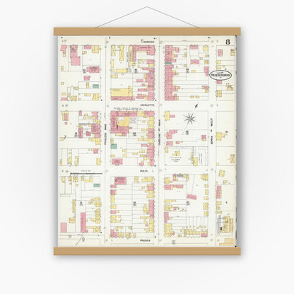 Old map wall art mockup — magnetic wood frame on white wall — Sanborn Fire Insurance Map from Fredericksburg, Independent Cities, Virginia (1902), Sheet #0008