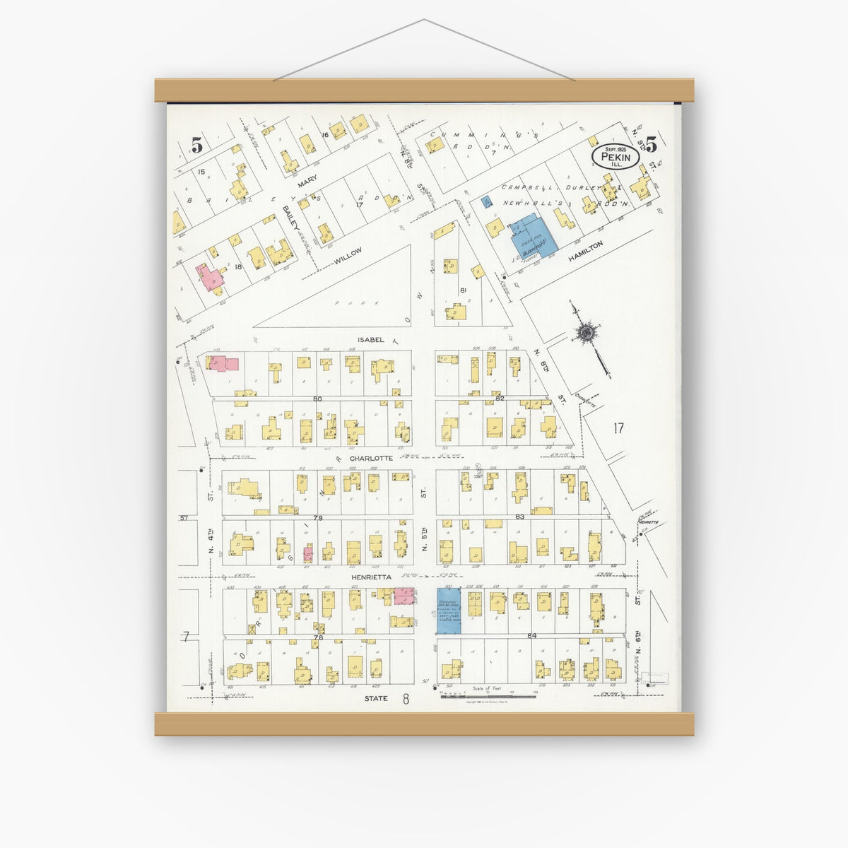 Old map wall art mockup — magnetic wood frame on white wall — Sanborn Fire Insurance Map from Pekin, Tazewell County, Illinois (1925), Sheet #0005