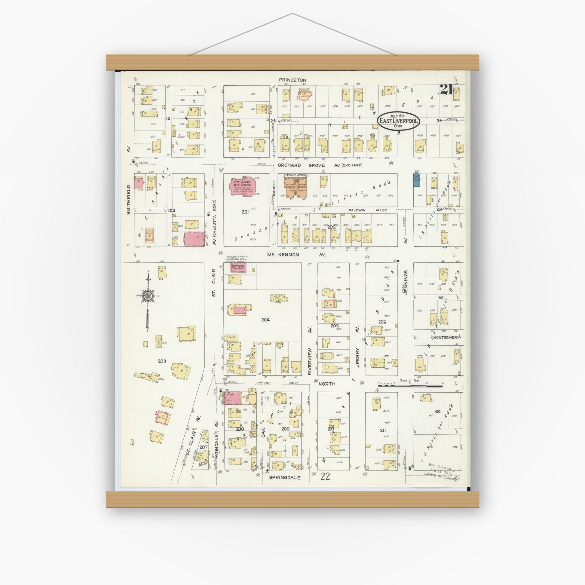 Old map wall art mockup — magnetic wood frame on white wall — Sanborn Fire Insurance Map from East Liverpool, Columbiana County, Ohio (1913), Sheet #0021