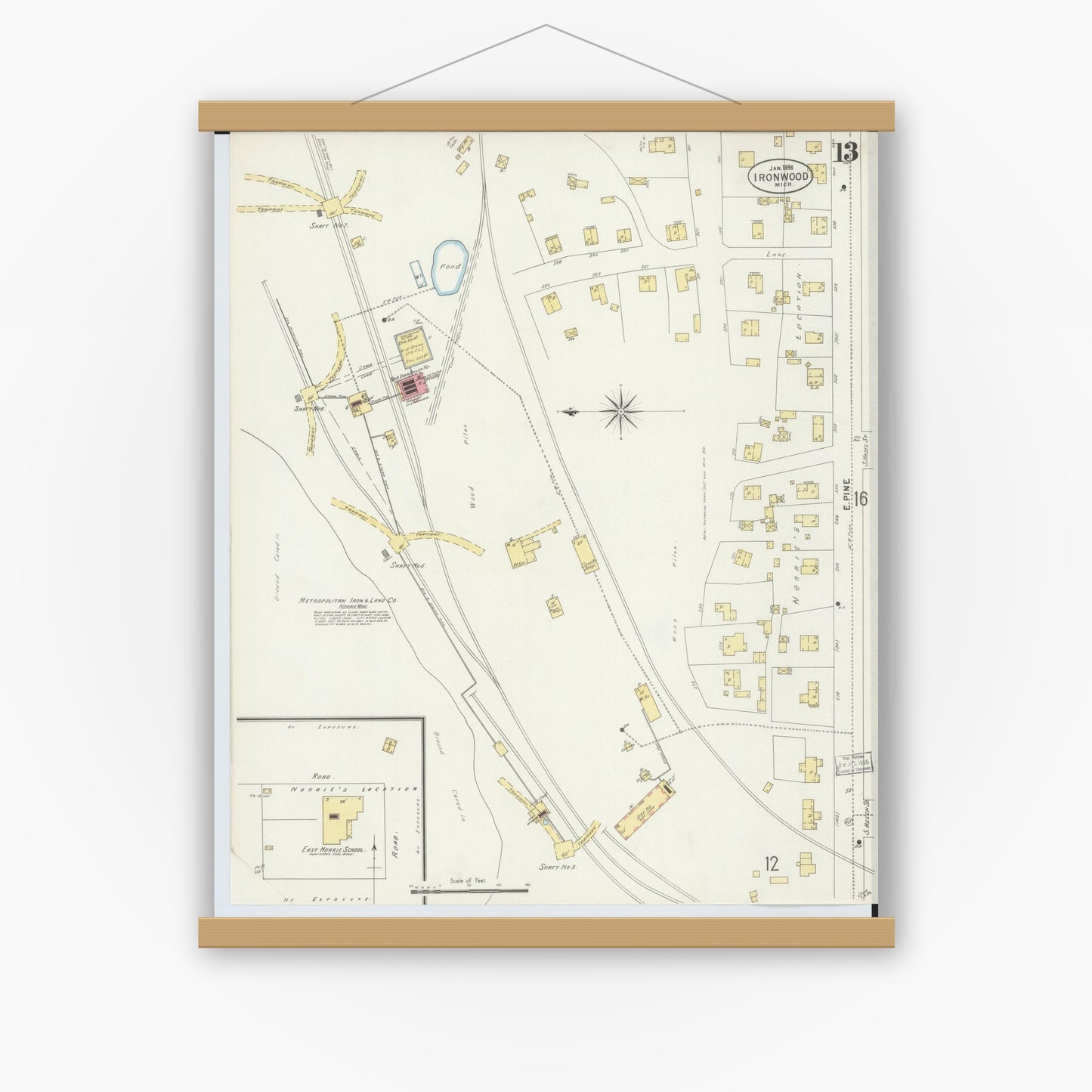 Old map wall art mockup — magnetic wood frame on white wall — Sanborn Fire Insurance Map from Ironwood, Gogebic County, Michigan (1898), Sheet #0013