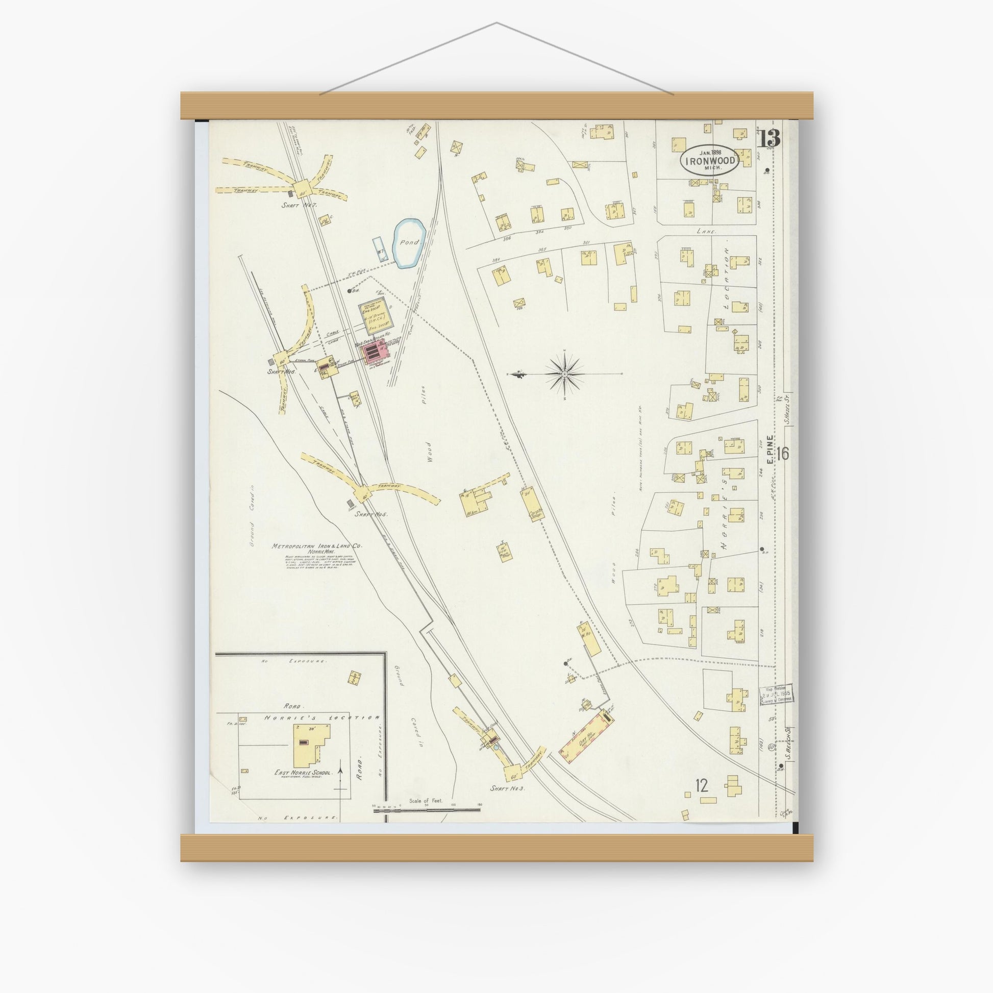 Old map wall art mockup — magnetic wood frame on white wall — Sanborn Fire Insurance Map from Ironwood, Gogebic County, Michigan (1898), Sheet #0013