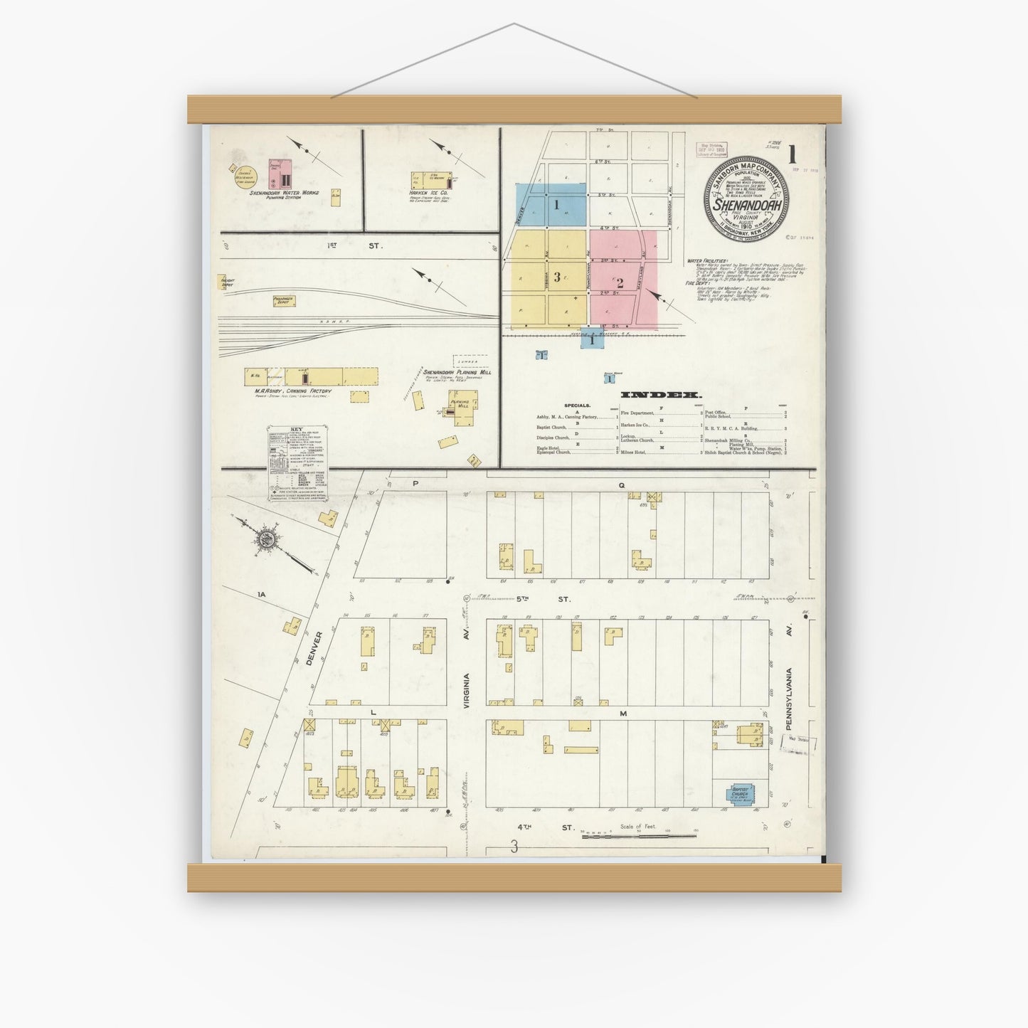 Old map wall art mockup — magnetic wood frame on white wall — Sanborn Fire Insurance Map from Shenandoah, Page County, Virginia (1910) - Complete Map Set