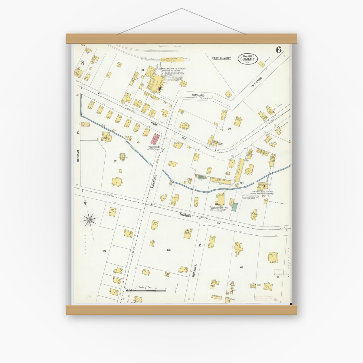 Old map wall art mockup — magnetic wood frame on white wall — Sanborn Fire Insurance Map from Summit, Union County, New Jersey (1903), Sheet #0006