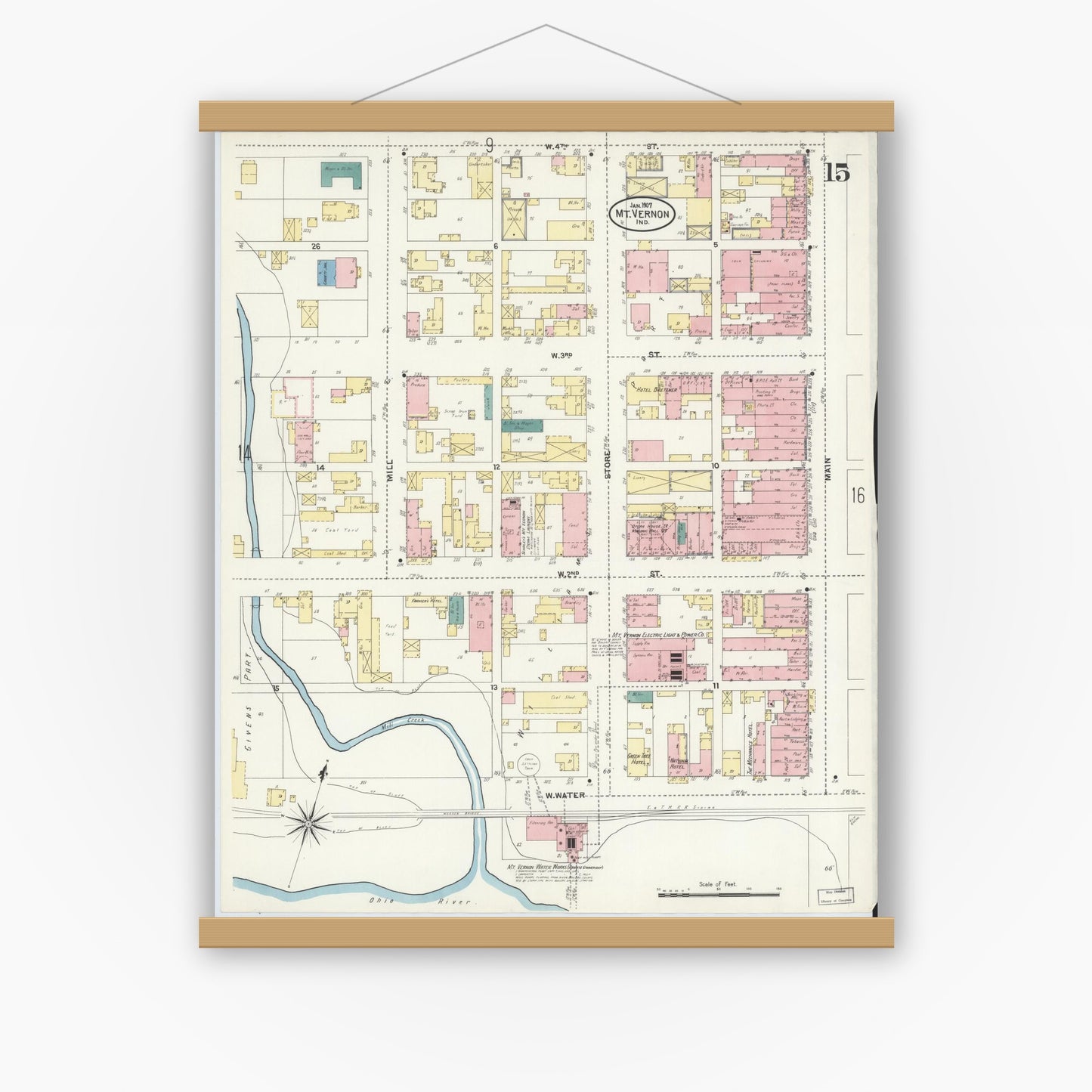 Old map wall art mockup — magnetic wood frame on white wall — Sanborn Fire Insurance Map from Mount Vernon, Posey County, Indiana (1907), Sheet #0015